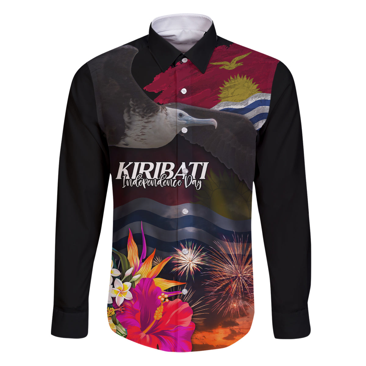 Personalised Kiribati Independence Day Family Matching Puletasi and Hawaiian Shirt Frigatebird and Plumeria Hibiscus Flower LT03 Dad's Shirt - Long Sleeve Black - Polynesian Pride