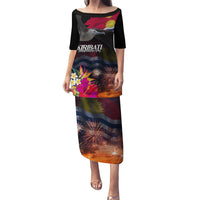 Personalised Kiribati Independence Day Family Matching Puletasi and Hawaiian Shirt Frigatebird and Plumeria Hibiscus Flower LT03 Mom's Dress Black - Polynesian Pride