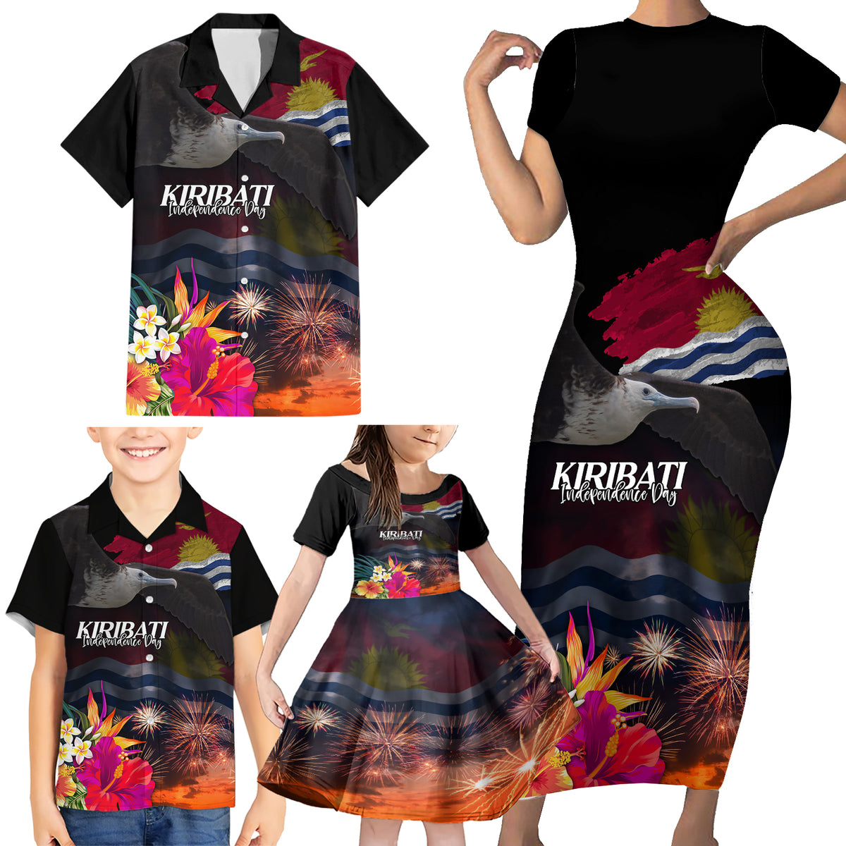 Personalised Kiribati Independence Day Family Matching Short Sleeve Bodycon Dress and Hawaiian Shirt Frigatebird and Plumeria Hibiscus Flower LT03 - Polynesian Pride