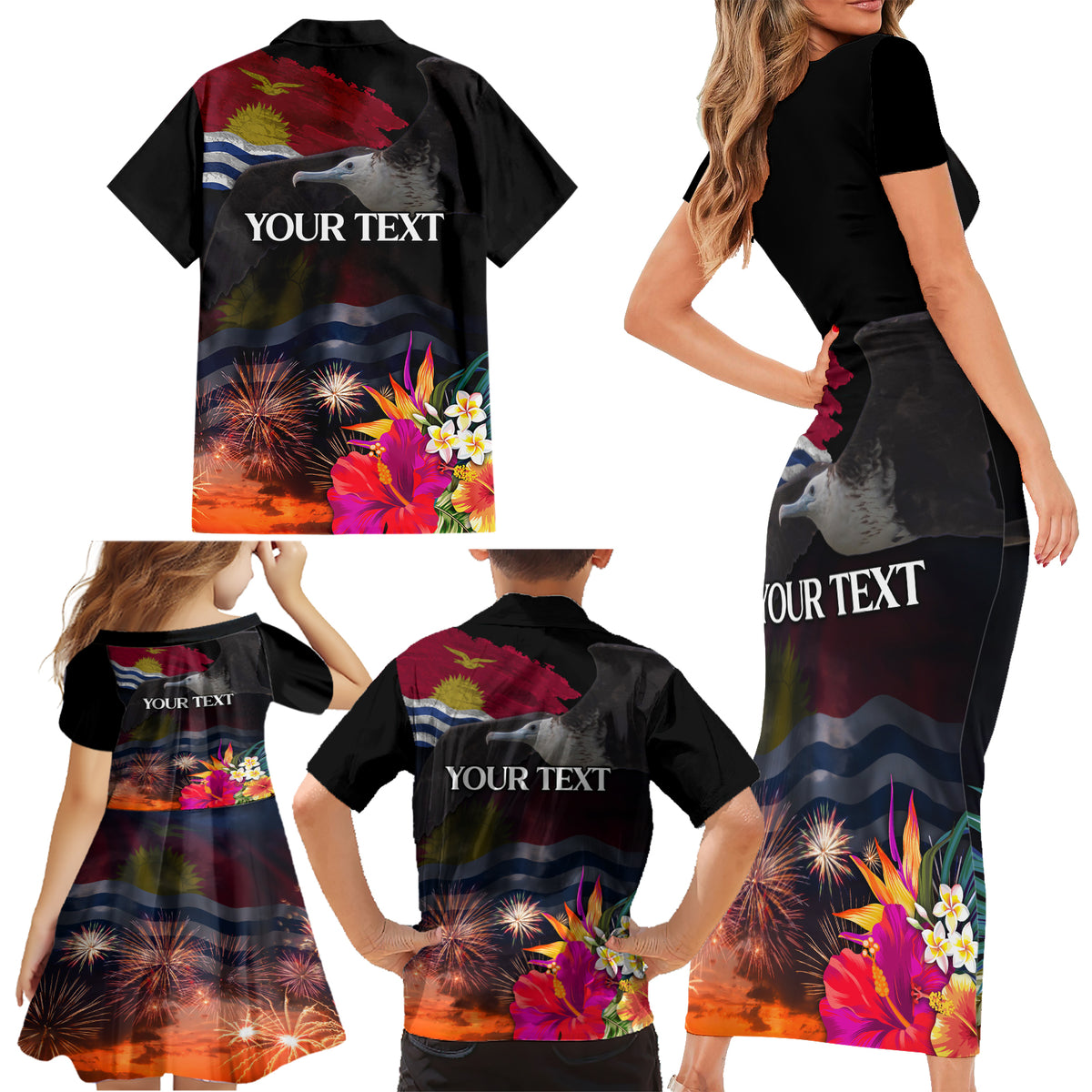 Personalised Kiribati Independence Day Family Matching Short Sleeve Bodycon Dress and Hawaiian Shirt Frigatebird and Plumeria Hibiscus Flower LT03 - Polynesian Pride