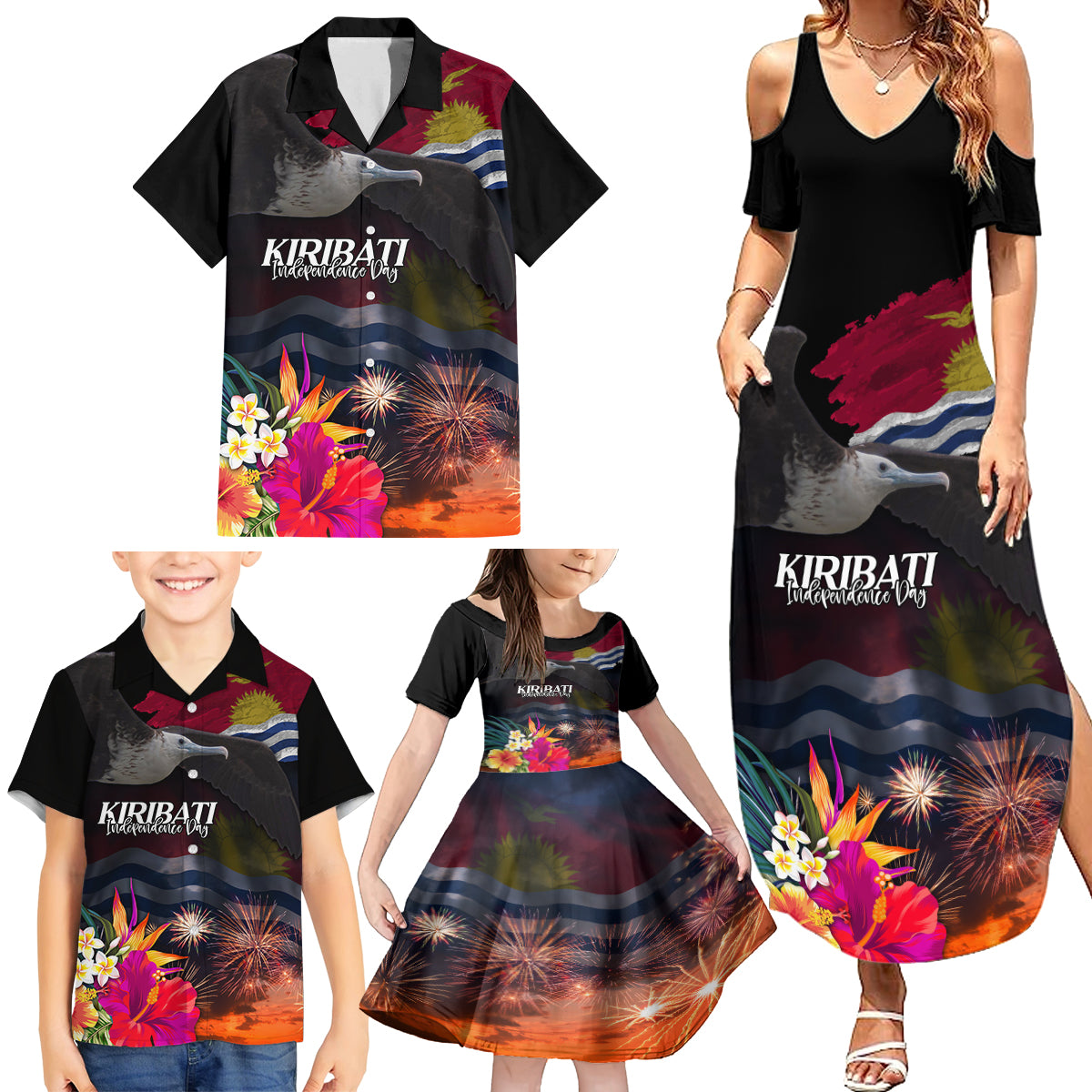 Personalised Kiribati Independence Day Family Matching Summer Maxi Dress and Hawaiian Shirt Frigatebird and Plumeria Hibiscus Flower LT03 - Polynesian Pride
