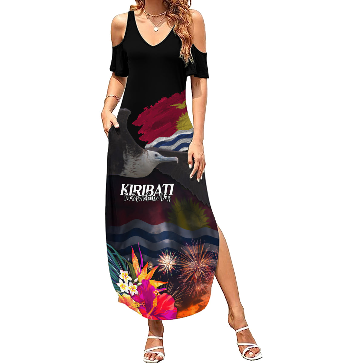 Personalised Kiribati Independence Day Family Matching Summer Maxi Dress and Hawaiian Shirt Frigatebird and Plumeria Hibiscus Flower LT03 Mom's Dress Black - Polynesian Pride