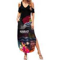 Personalised Kiribati Independence Day Family Matching Summer Maxi Dress and Hawaiian Shirt Frigatebird and Plumeria Hibiscus Flower LT03 Mom's Dress Black - Polynesian Pride