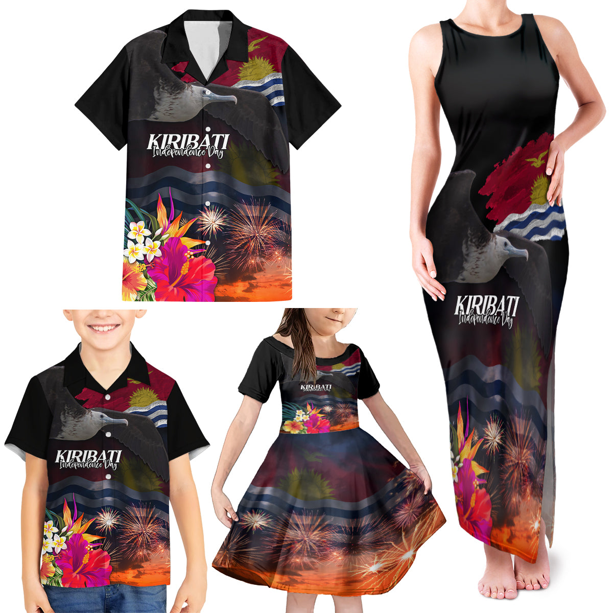 Personalised Kiribati Independence Day Family Matching Tank Maxi Dress and Hawaiian Shirt Frigatebird and Plumeria Hibiscus Flower LT03 - Polynesian Pride