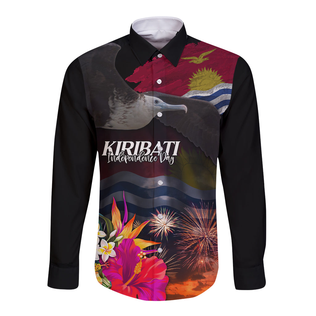 Personalised Kiribati Independence Day Long Sleeve Button Shirt Frigatebird and Plumeria Hibiscus Flower LT03 Unisex Black - Polynesian Pride