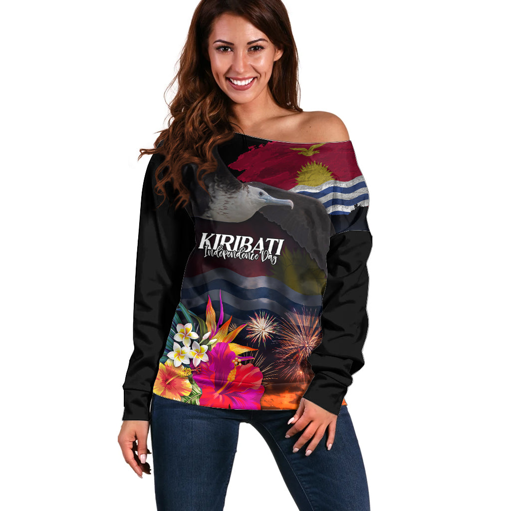 Personalised Kiribati Independence Day Off Shoulder Sweater Frigatebird and Plumeria Hibiscus Flower LT03 Women Black - Polynesian Pride