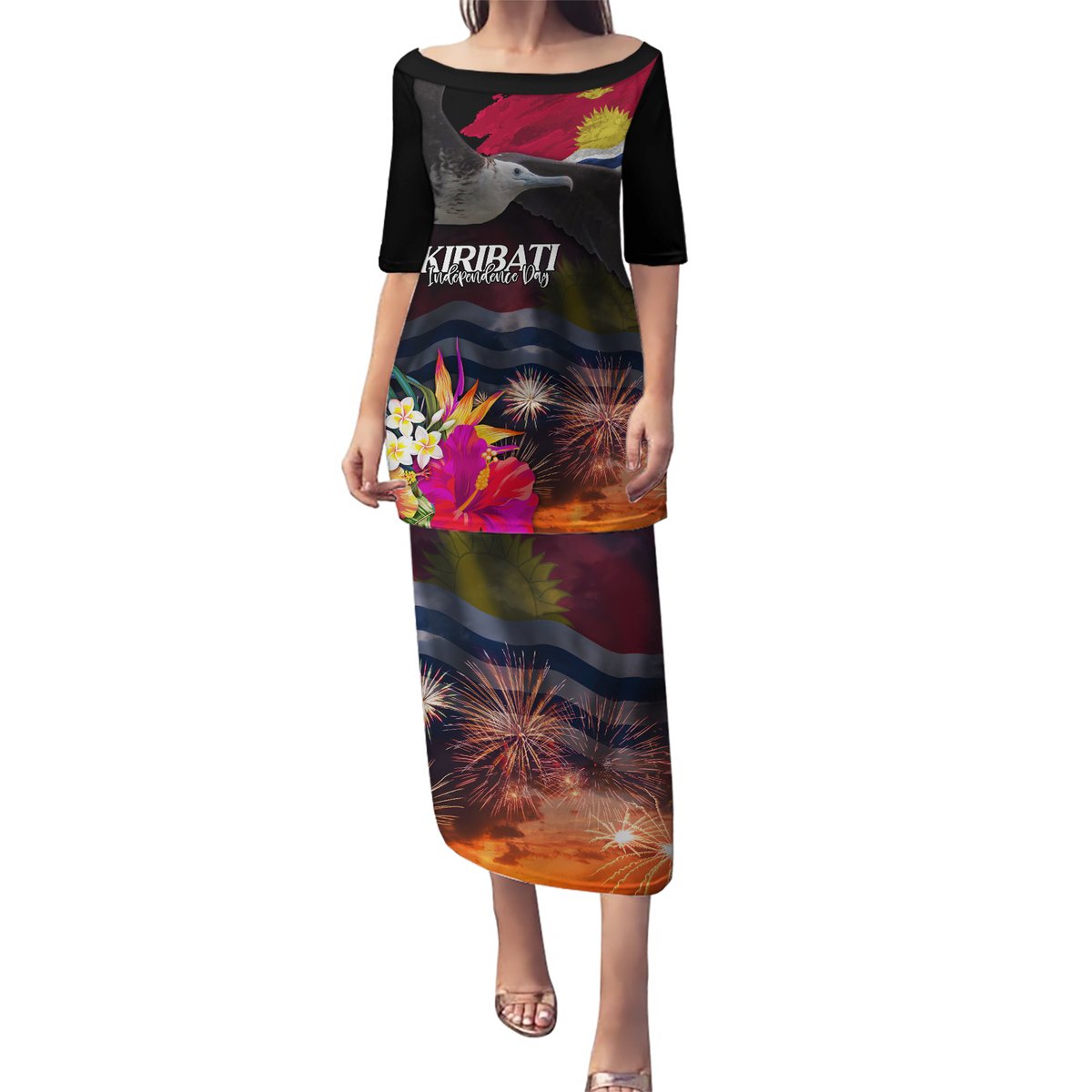 Personalised Kiribati Independence Day Puletasi Frigatebird and Plumeria Hibiscus Flower LT03 Long Dress Black - Polynesian Pride