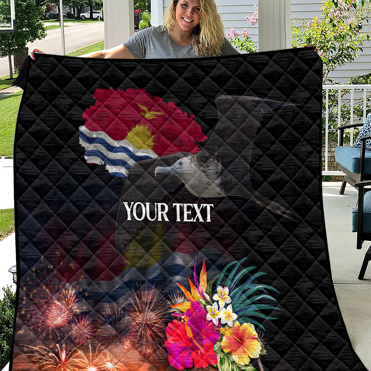 Personalised Kiribati Independence Day Quilt Frigatebird and Plumeria Hibiscus Flower LT03 Black - Polynesian Pride