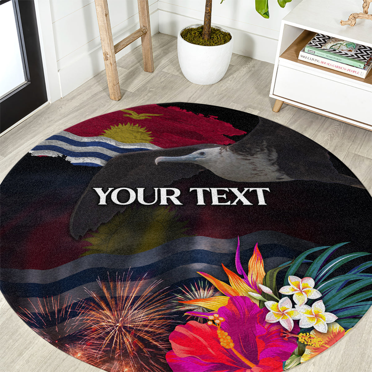 Personalised Kiribati Independence Day Round Carpet Frigatebird and Plumeria Hibiscus Flower LT03 Black - Polynesian Pride