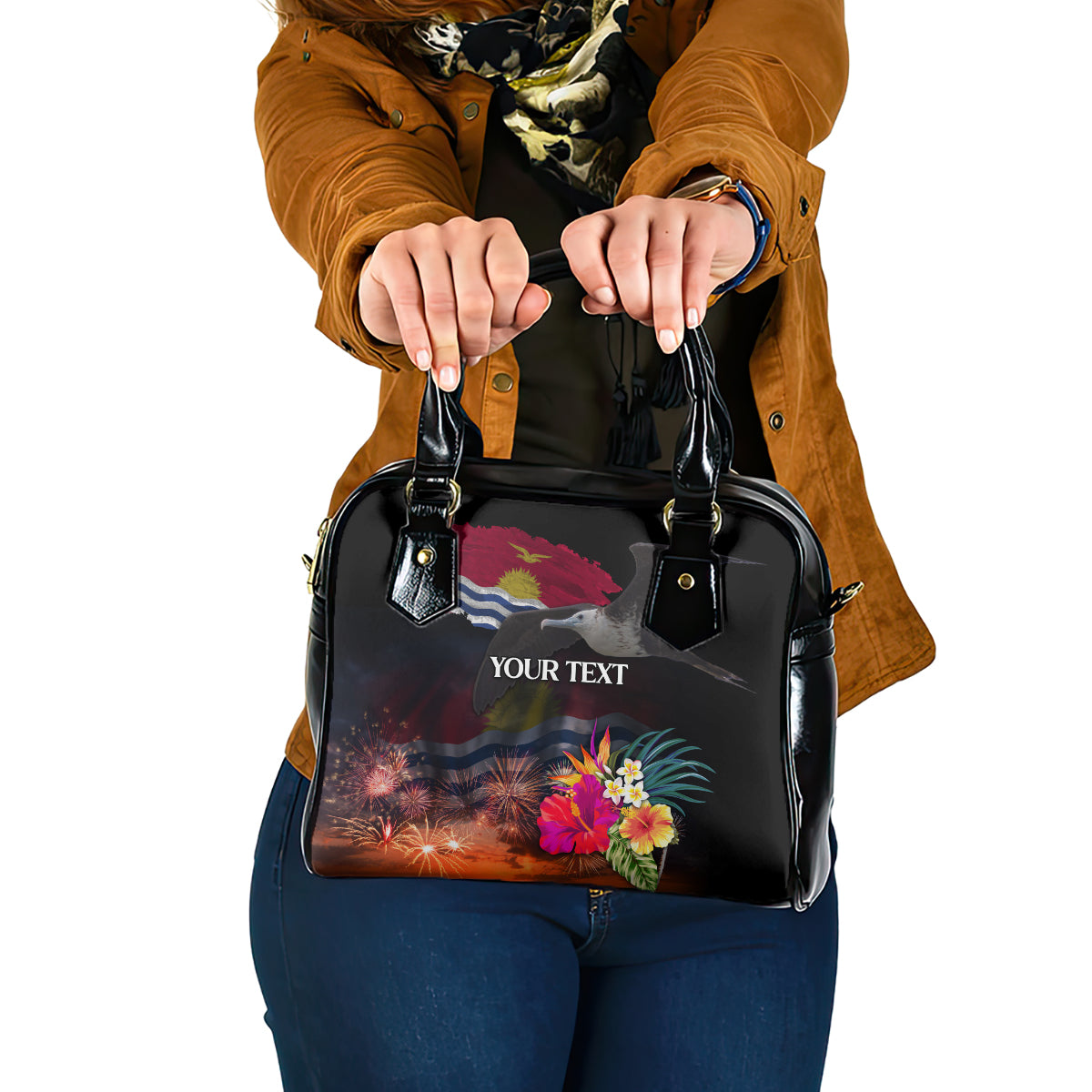 Personalised Kiribati Independence Day Shoulder Handbag Frigatebird and Plumeria Hibiscus Flower LT03 One Size Black - Polynesian Pride