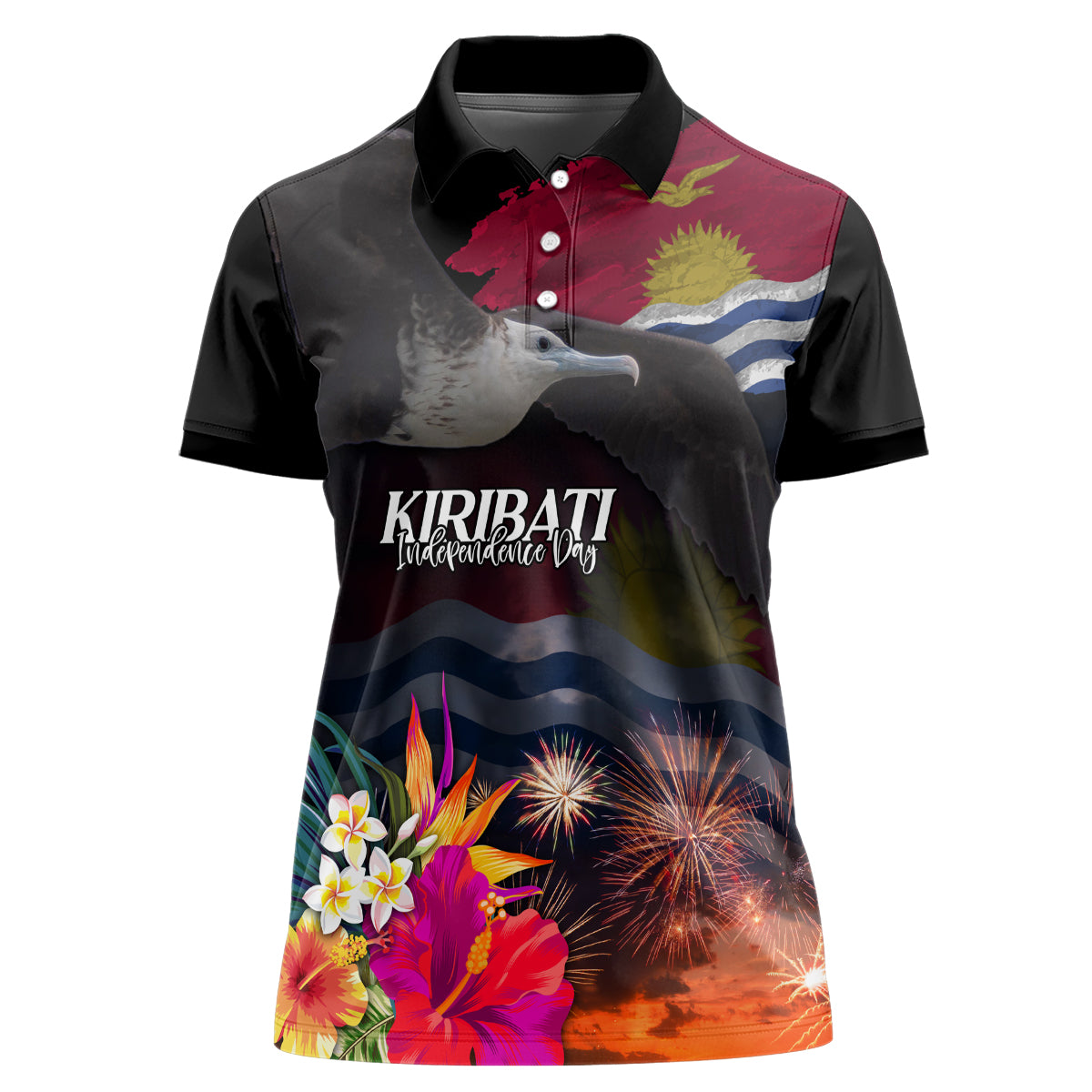 Personalised Kiribati Independence Day Women Polo Shirt Frigatebird and Plumeria Hibiscus Flower LT03 Female Black - Polynesian Pride