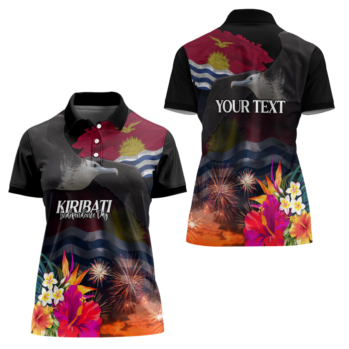 Personalised Kiribati Independence Day Women Polo Shirt Frigatebird and Plumeria Hibiscus Flower LT03 - Polynesian Pride