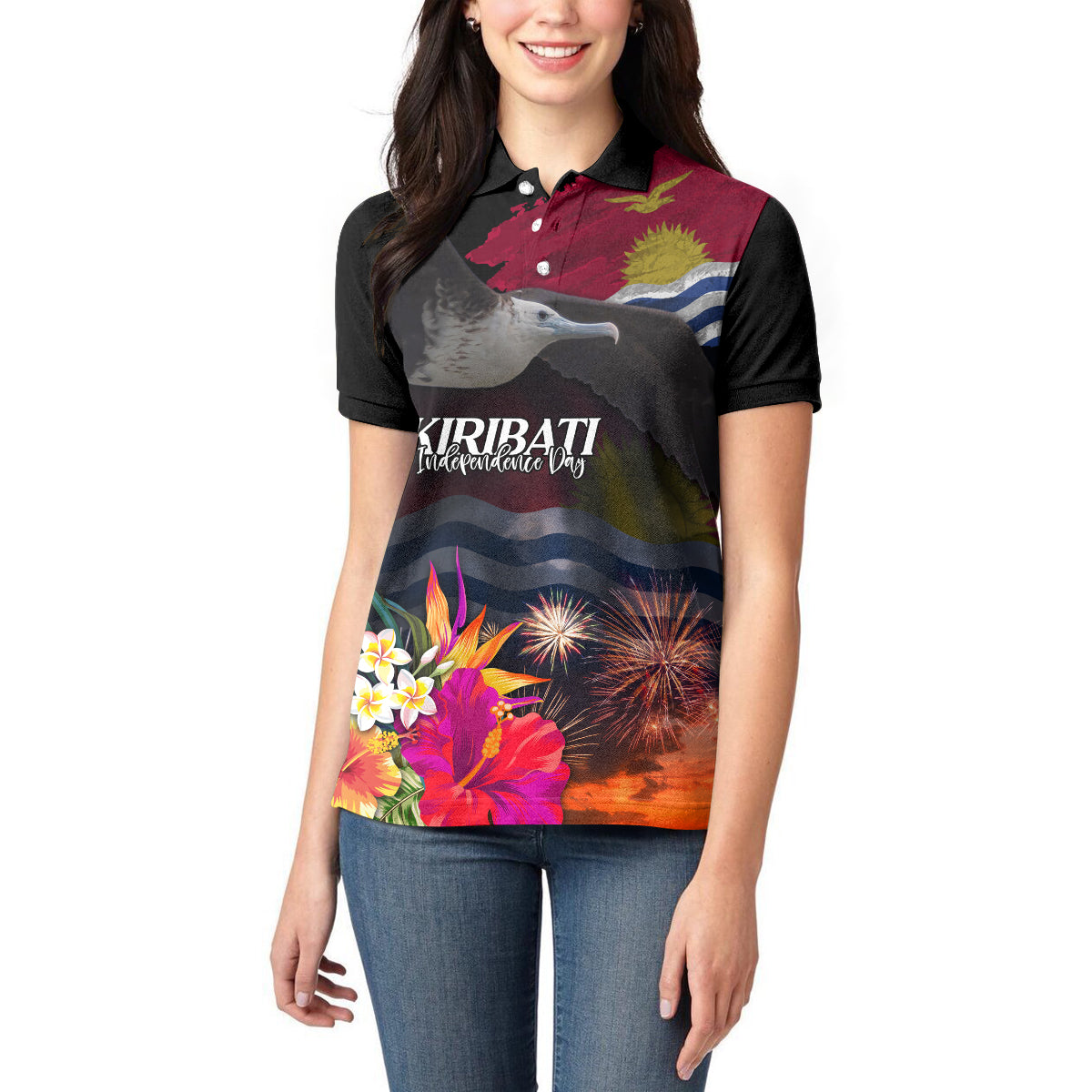 Personalised Kiribati Independence Day Women Polo Shirt Frigatebird and Plumeria Hibiscus Flower LT03 - Polynesian Pride
