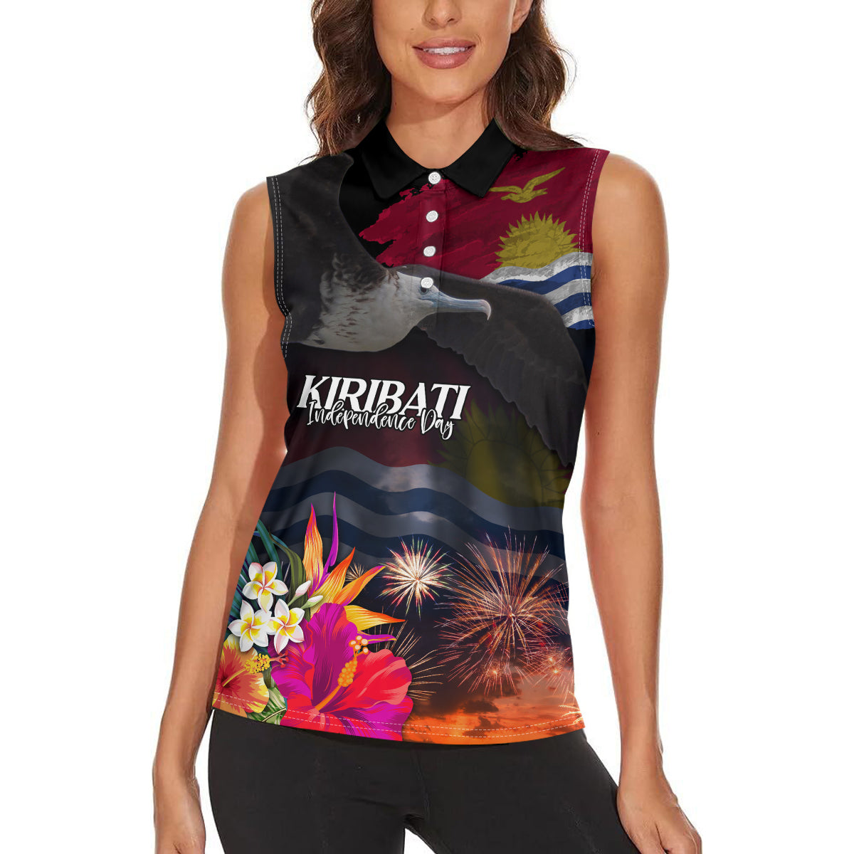 Kiribati Independence Day Women Sleeveless Polo Shirt Frigatebird and Plumeria Hibiscus Flower