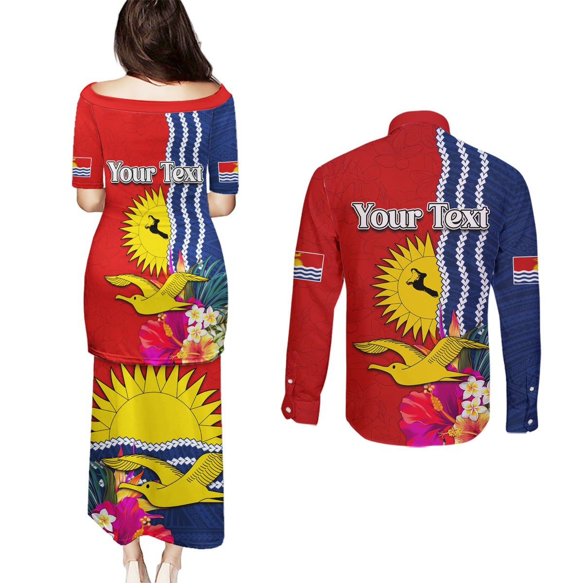 Kiribati Independence Day Couples Matching Puletasi and Long Sleeve Button Shirt Kiribati Map With Flag Color