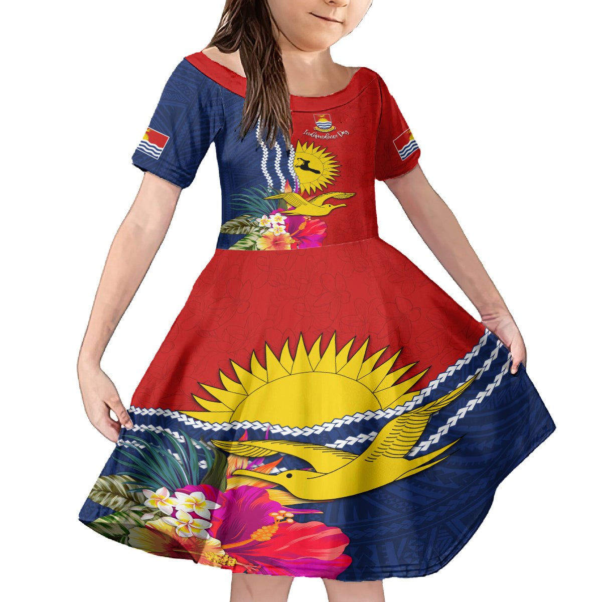 Personalised Kiribati Independence Day Family Matching Off The Shoulder Long Sleeve Dress and Hawaiian Shirt Kiribati Map With Flag Color LT03 Daughter's Dress Red - Polynesian Pride