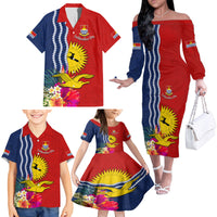 Personalised Kiribati Independence Day Family Matching Off The Shoulder Long Sleeve Dress and Hawaiian Shirt Kiribati Map With Flag Color LT03 - Polynesian Pride