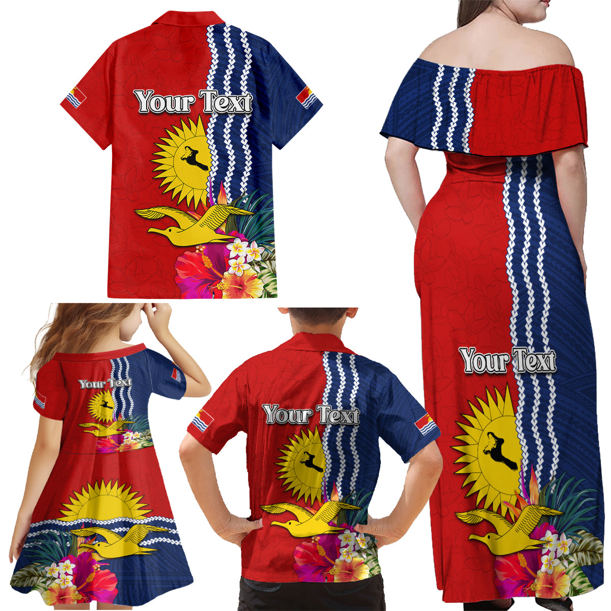 Personalised Kiribati Independence Day Family Matching Off Shoulder Maxi Dress and Hawaiian Shirt Kiribati Map With Flag Color LT03 - Polynesian Pride