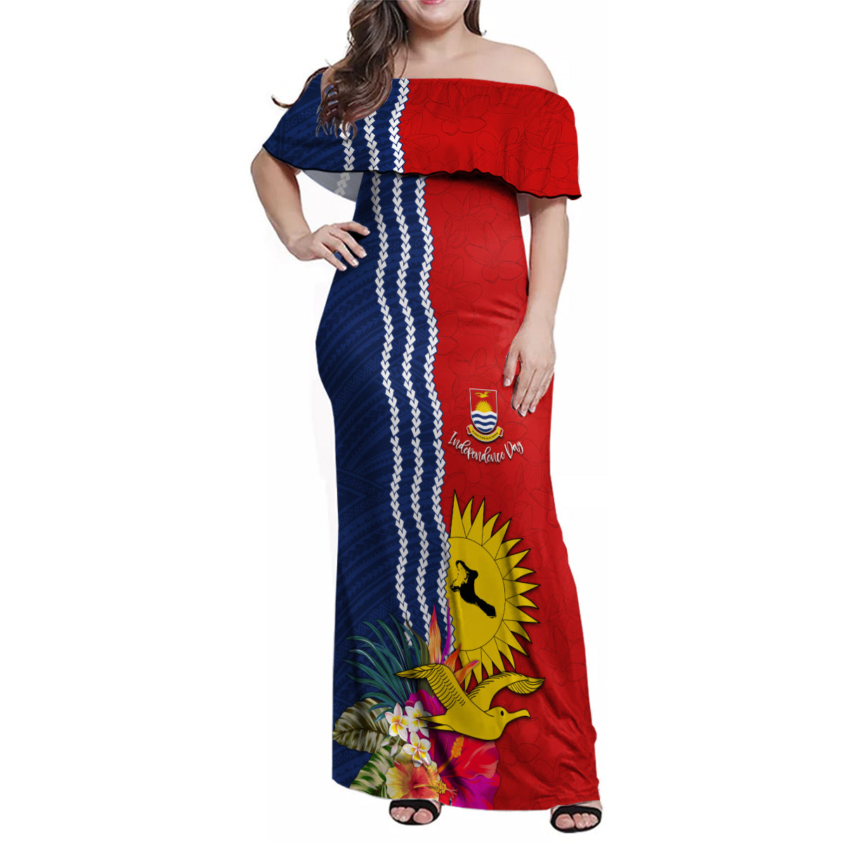 Personalised Kiribati Independence Day Family Matching Off Shoulder Maxi Dress and Hawaiian Shirt Kiribati Map With Flag Color LT03 Mom's Dress Red - Polynesian Pride