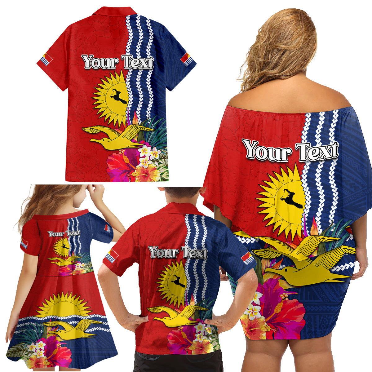 Personalised Kiribati Independence Day Family Matching Off Shoulder Short Dress and Hawaiian Shirt Kiribati Map With Flag Color LT03 - Polynesian Pride