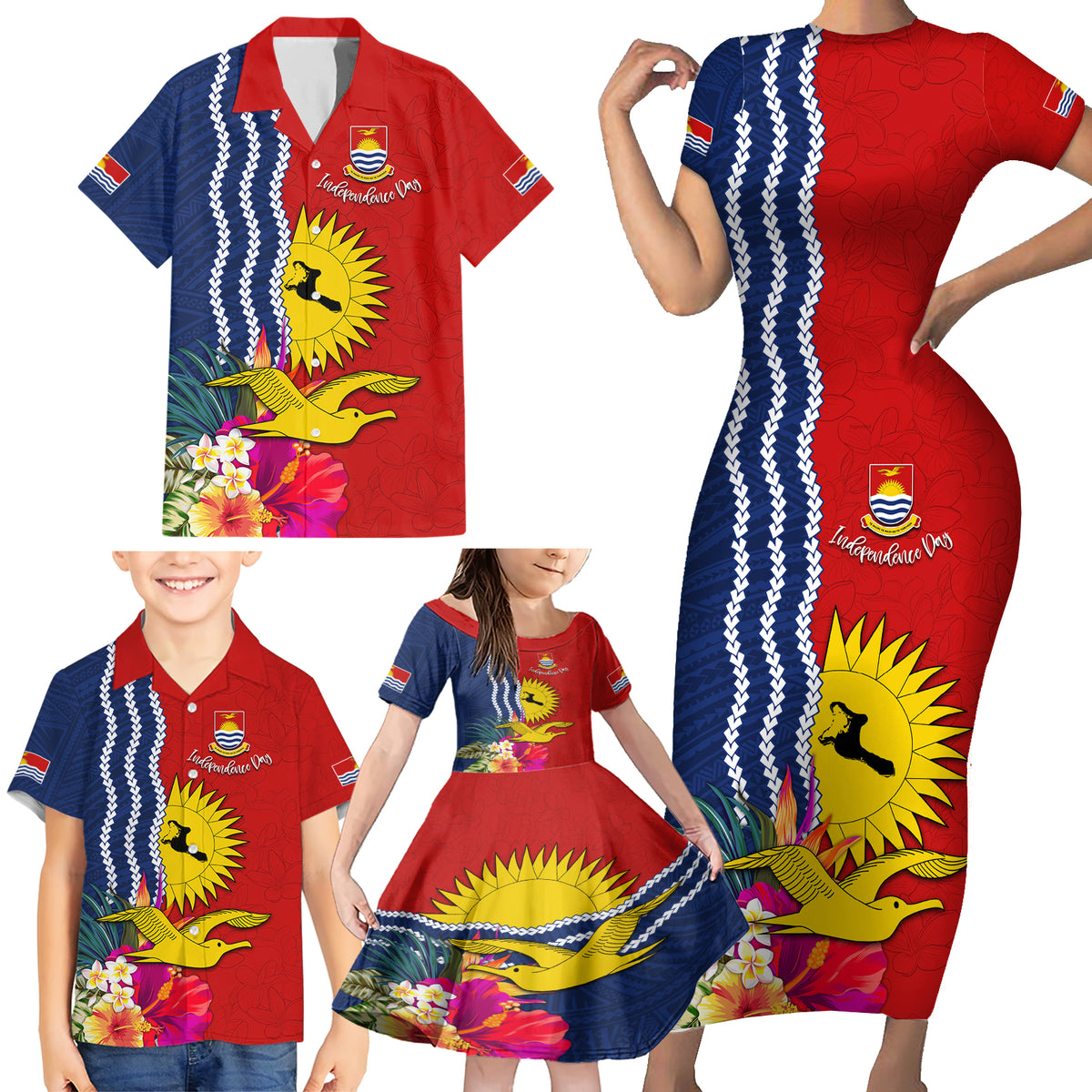 Personalised Kiribati Independence Day Family Matching Short Sleeve Bodycon Dress and Hawaiian Shirt Kiribati Map With Flag Color LT03 - Polynesian Pride