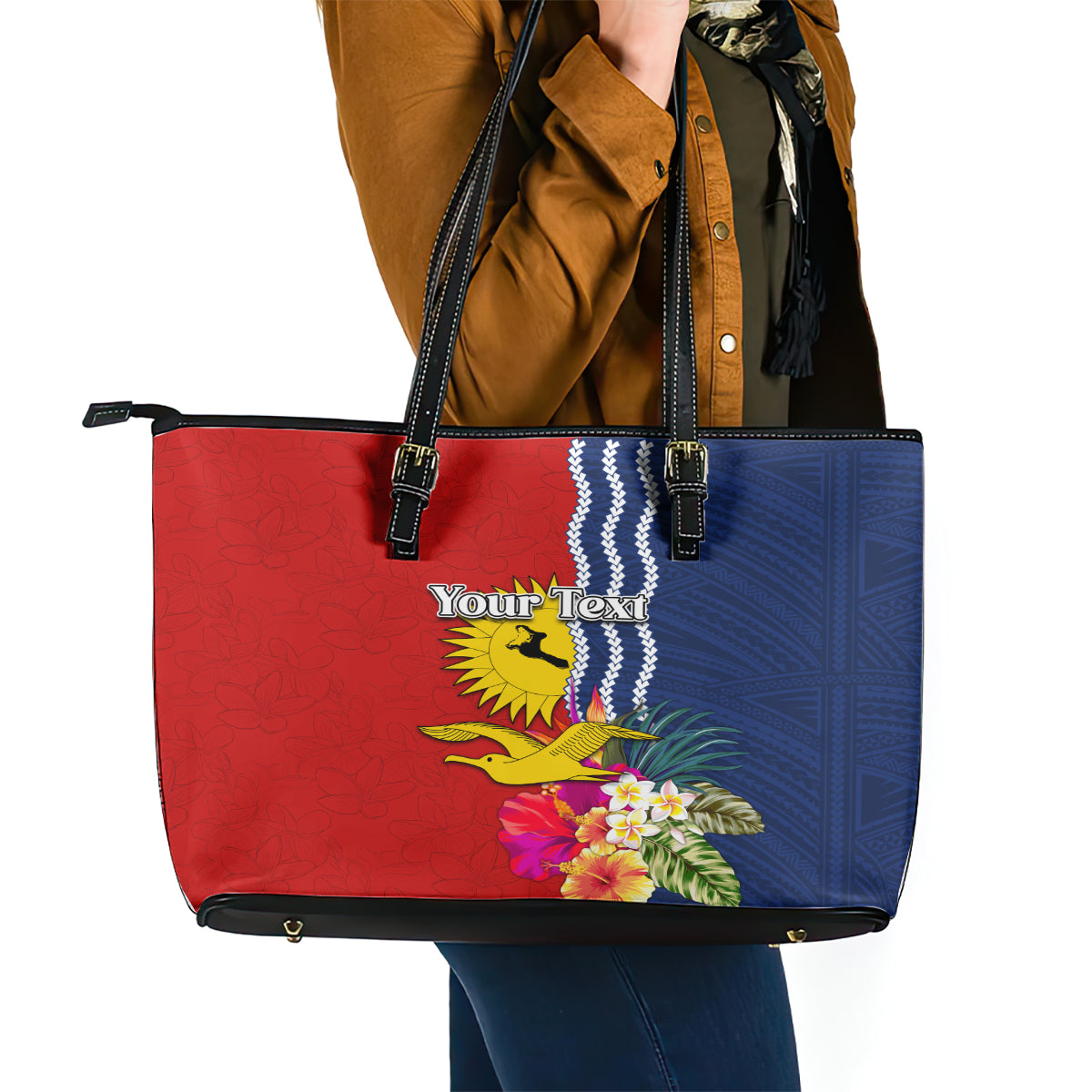Personalised Kiribati Independence Day Leather Tote Bag Kiribati Map With Flag Color