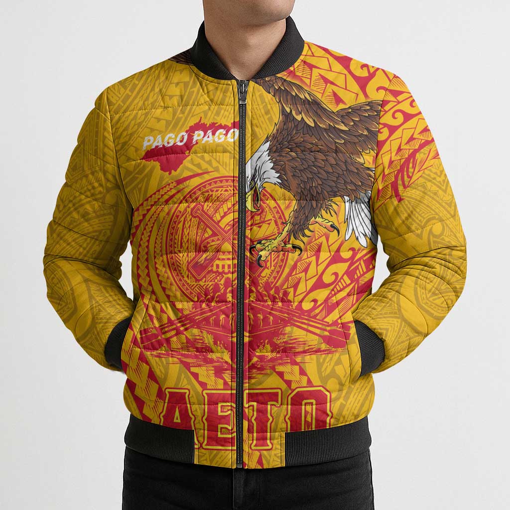 Personalized American Samoa Fautasi Race Bomber Puffer Jacket Aeto Pago Pago with Eagle Samoan Tribal Patterns