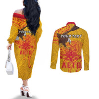 Personalized American Samoa Fautasi Race Couples Matching Off The Shoulder Long Sleeve Dress and Long Sleeve Button Shirt Aeto Pago Pago with Eagle Samoan Tribal Patterns