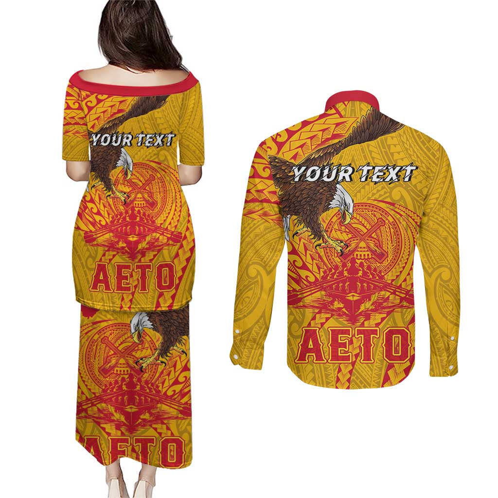 Personalized American Samoa Fautasi Race Couples Matching Puletasi and Long Sleeve Button Shirt Aeto Pago Pago with Eagle Samoan Tribal Patterns