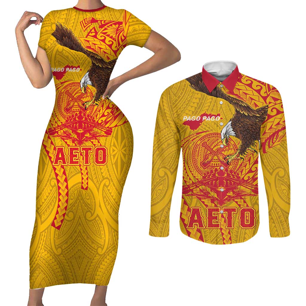 Personalized American Samoa Fautasi Race Couples Matching Short Sleeve Bodycon Dress and Long Sleeve Button Shirt Aeto Pago Pago with Eagle Samoan Tribal Patterns