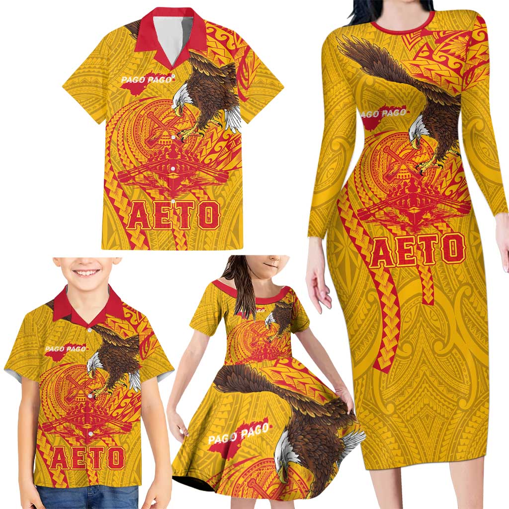 Personalized American Samoa Fautasi Race Family Matching Long Sleeve Bodycon Dress and Hawaiian Shirt Aeto Pago Pago with Eagle Samoan Tribal Patterns