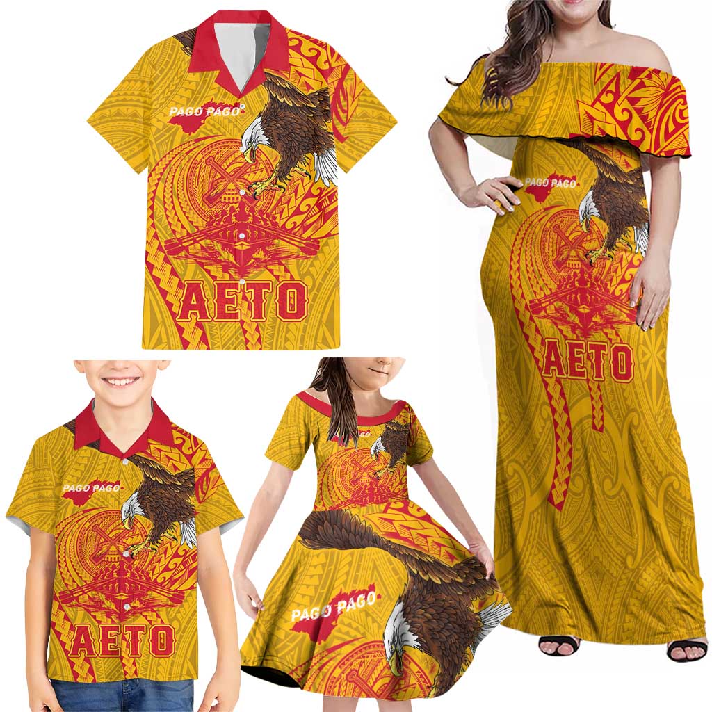 Personalized American Samoa Fautasi Race Family Matching Off Shoulder Maxi Dress and Hawaiian Shirt Aeto Pago Pago with Eagle Samoan Tribal Patterns LT03 - Polynesian Pride