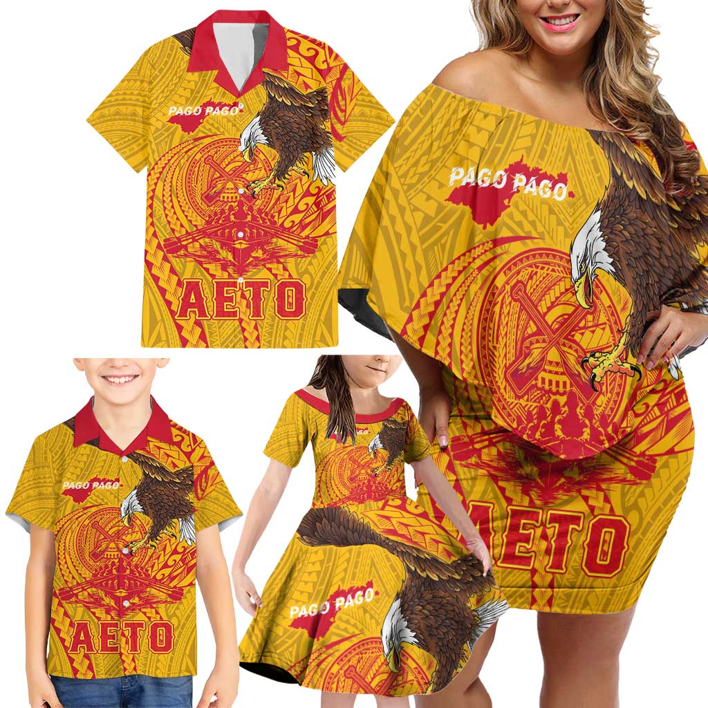 Personalized American Samoa Fautasi Race Family Matching Off Shoulder Short Dress and Hawaiian Shirt Aeto Pago Pago with Eagle Samoan Tribal Patterns LT03 - Polynesian Pride