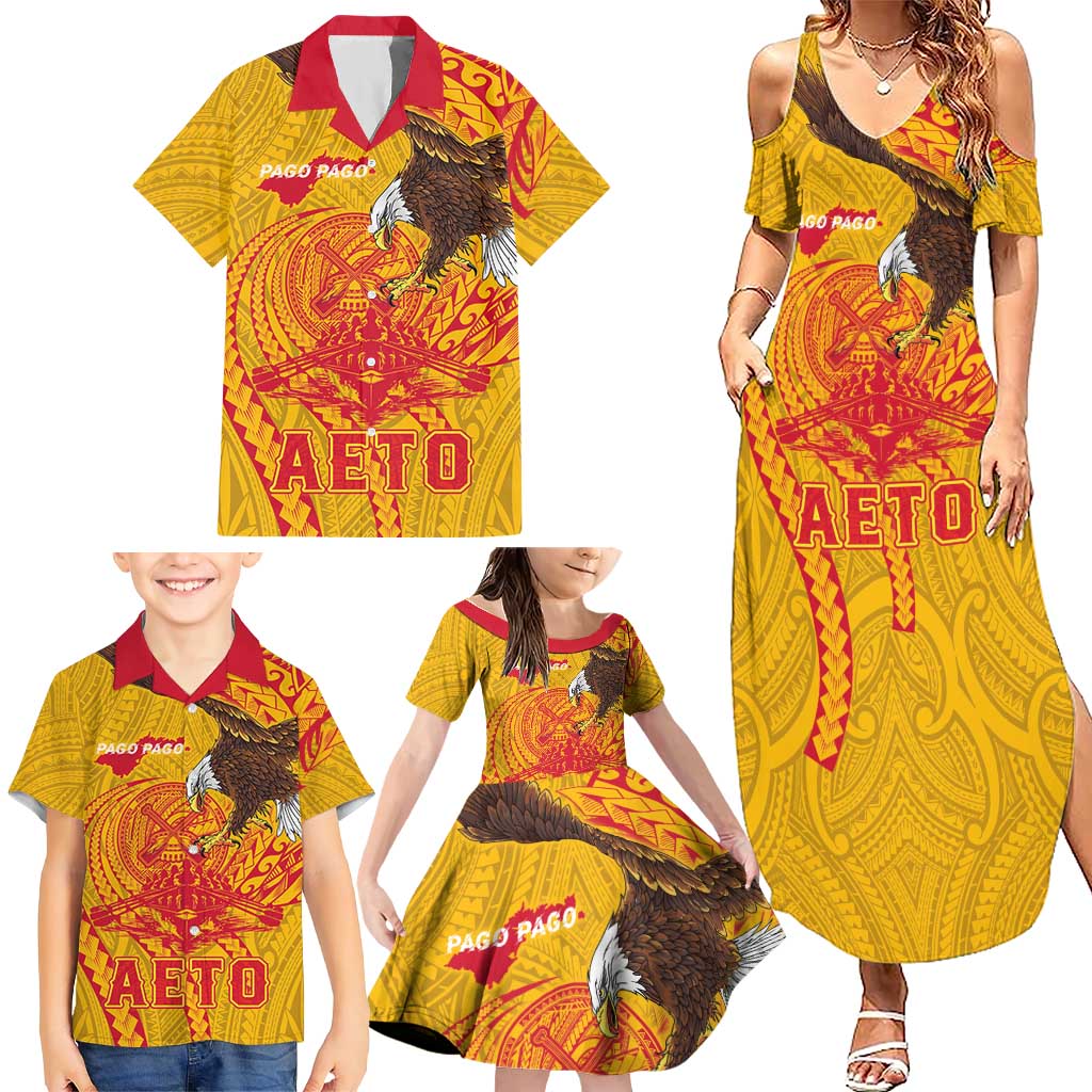Personalized American Samoa Fautasi Race Family Matching Summer Maxi Dress and Hawaiian Shirt Aeto Pago Pago with Eagle Samoan Tribal Patterns LT03 - Polynesian Pride