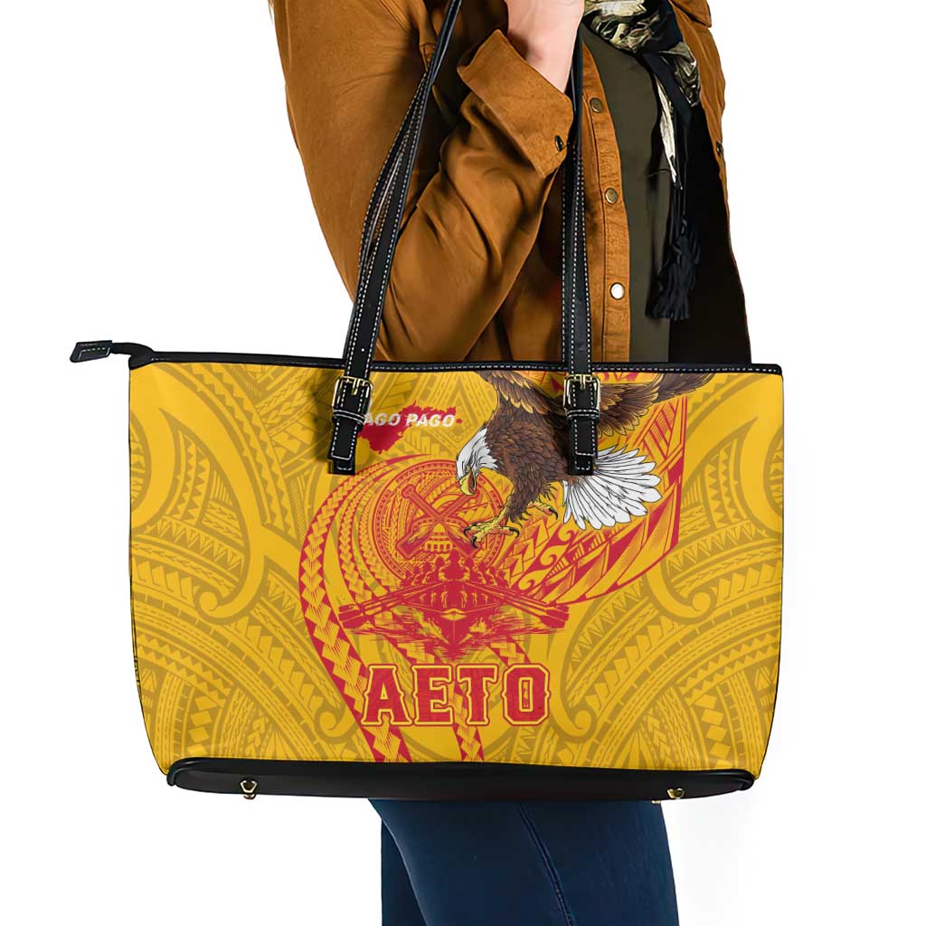 American Samoa Fautasi Race Leather Tote Bag Aeto Pago Pago with Eagle Samoan Tribal Patterns