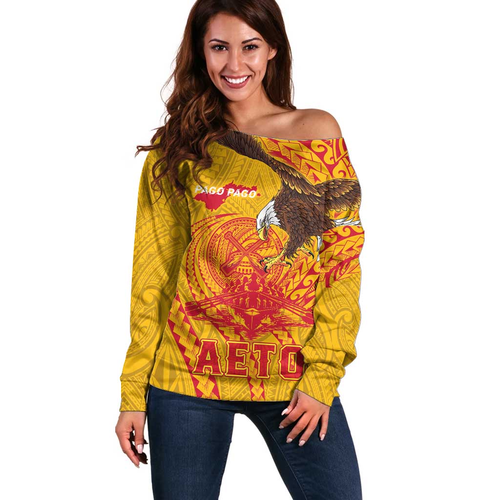 Personalized American Samoa Fautasi Race Off Shoulder Sweater Aeto Pago Pago with Eagle Samoan Tribal Patterns