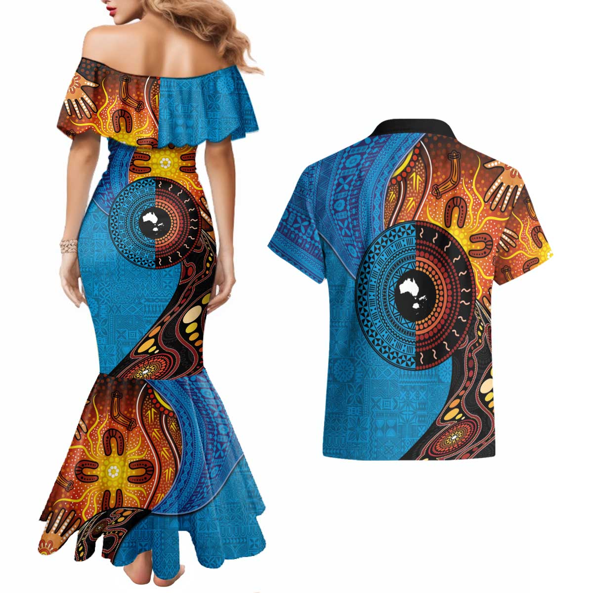 Fiji and Australia Together Couples Matching Mermaid Dress and Hawaiian Shirt Tapa Tribal Tattoo mix Aboriginal Pattern