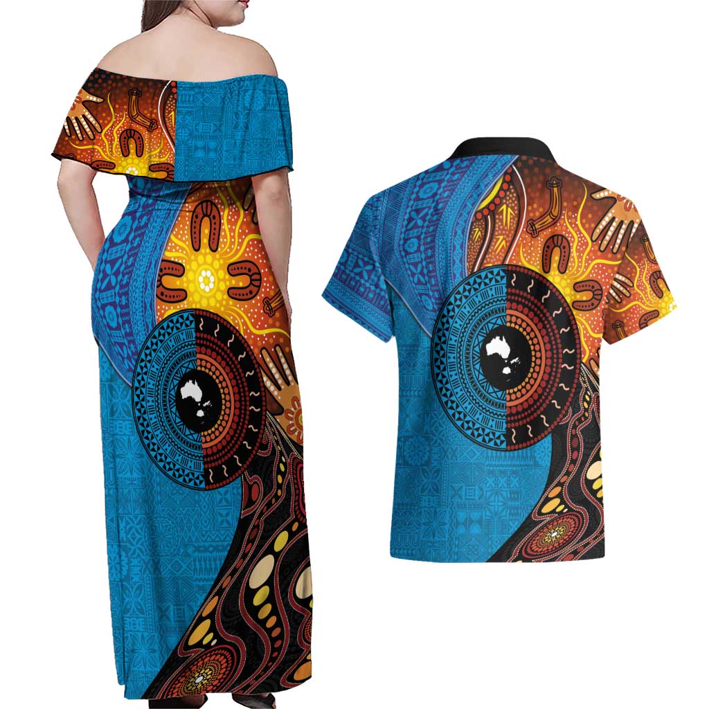Fiji and Australia Together Couples Matching Off Shoulder Maxi Dress and Hawaiian Shirt Tapa Tribal Tattoo mix Aboriginal Pattern