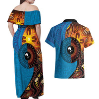 Fiji and Australia Together Couples Matching Off Shoulder Maxi Dress and Hawaiian Shirt Tapa Tribal Tattoo mix Aboriginal Pattern