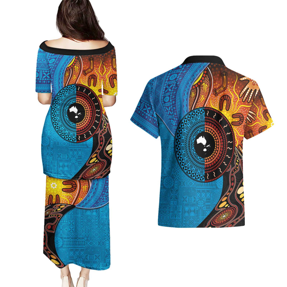 Fiji and Australia Together Couples Matching Puletasi and Hawaiian Shirt Tapa Tribal Tattoo mix Aboriginal Pattern