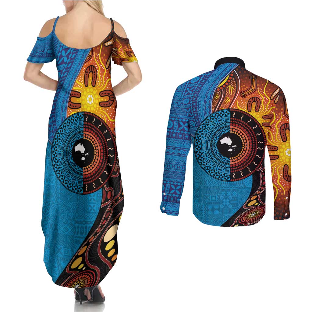 Fiji and Australia Together Couples Matching Summer Maxi Dress and Long Sleeve Button Shirt Tapa Tribal Tattoo mix Aboriginal Pattern
