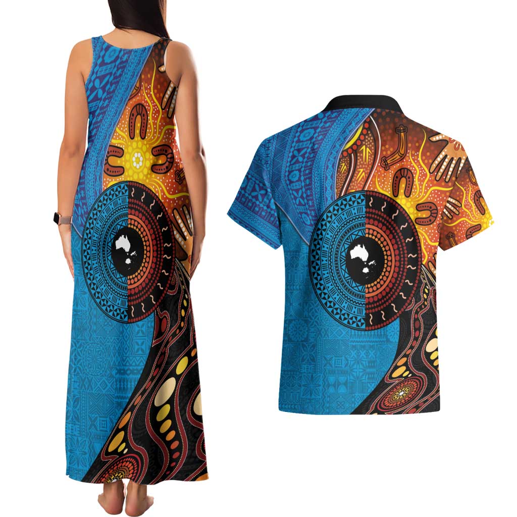 Fiji and Australia Together Couples Matching Tank Maxi Dress and Hawaiian Shirt Tapa Tribal Tattoo mix Aboriginal Pattern