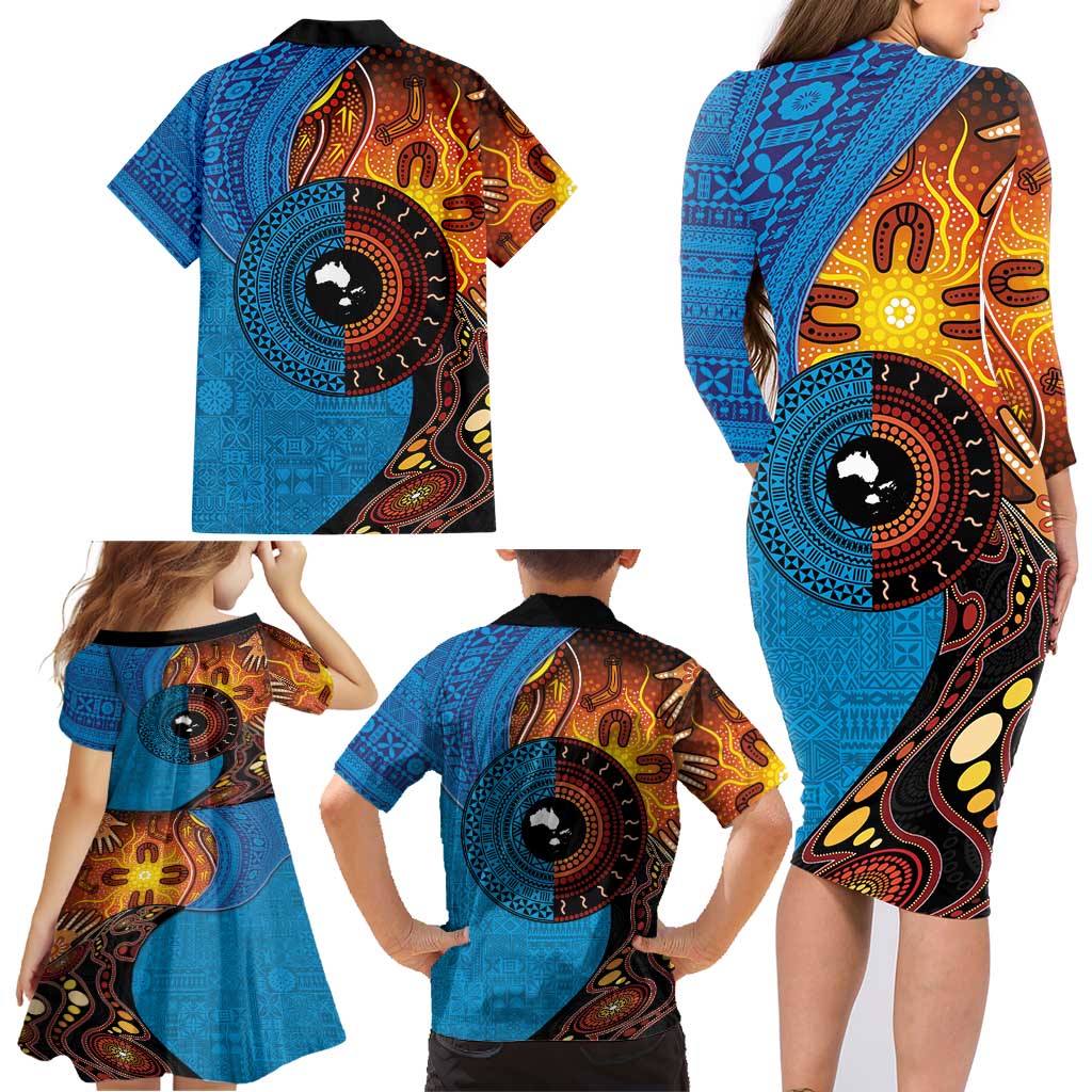 Fiji and Australia Together Family Matching Long Sleeve Bodycon Dress and Hawaiian Shirt Tapa Tribal Tattoo mix Aboriginal Pattern LT03 - Polynesian Pride