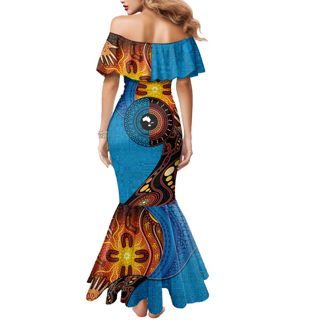 Fiji and Australia Together Family Matching Mermaid Dress and Hawaiian Shirt Tapa Tribal Tattoo mix Aboriginal Pattern LT03 - Polynesian Pride