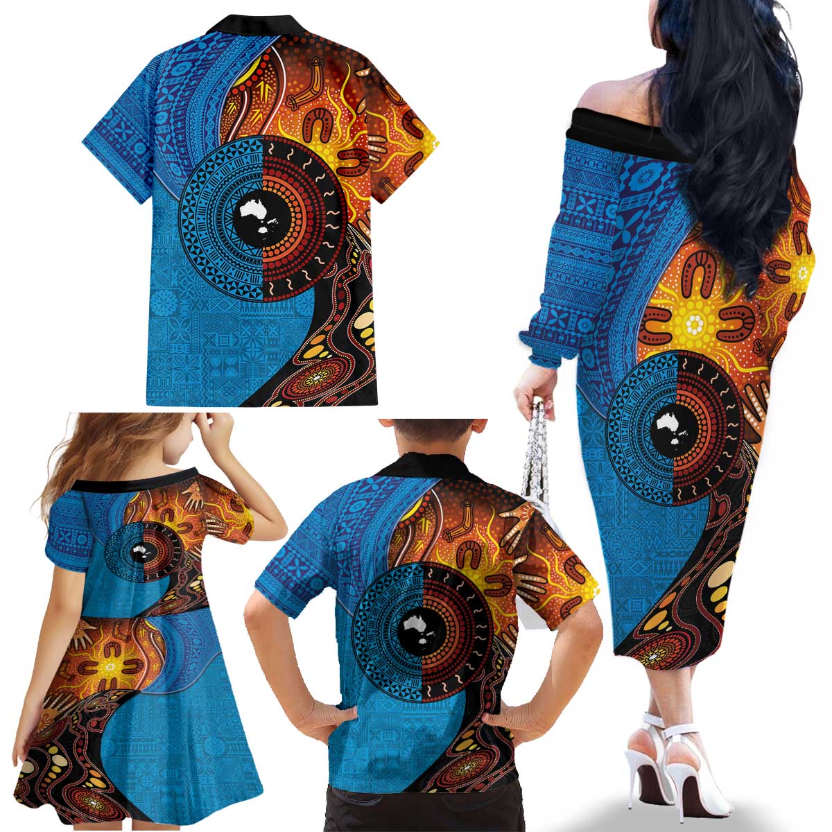 Fiji and Australia Together Family Matching Off The Shoulder Long Sleeve Dress and Hawaiian Shirt Tapa Tribal Tattoo mix Aboriginal Pattern LT03 - Polynesian Pride