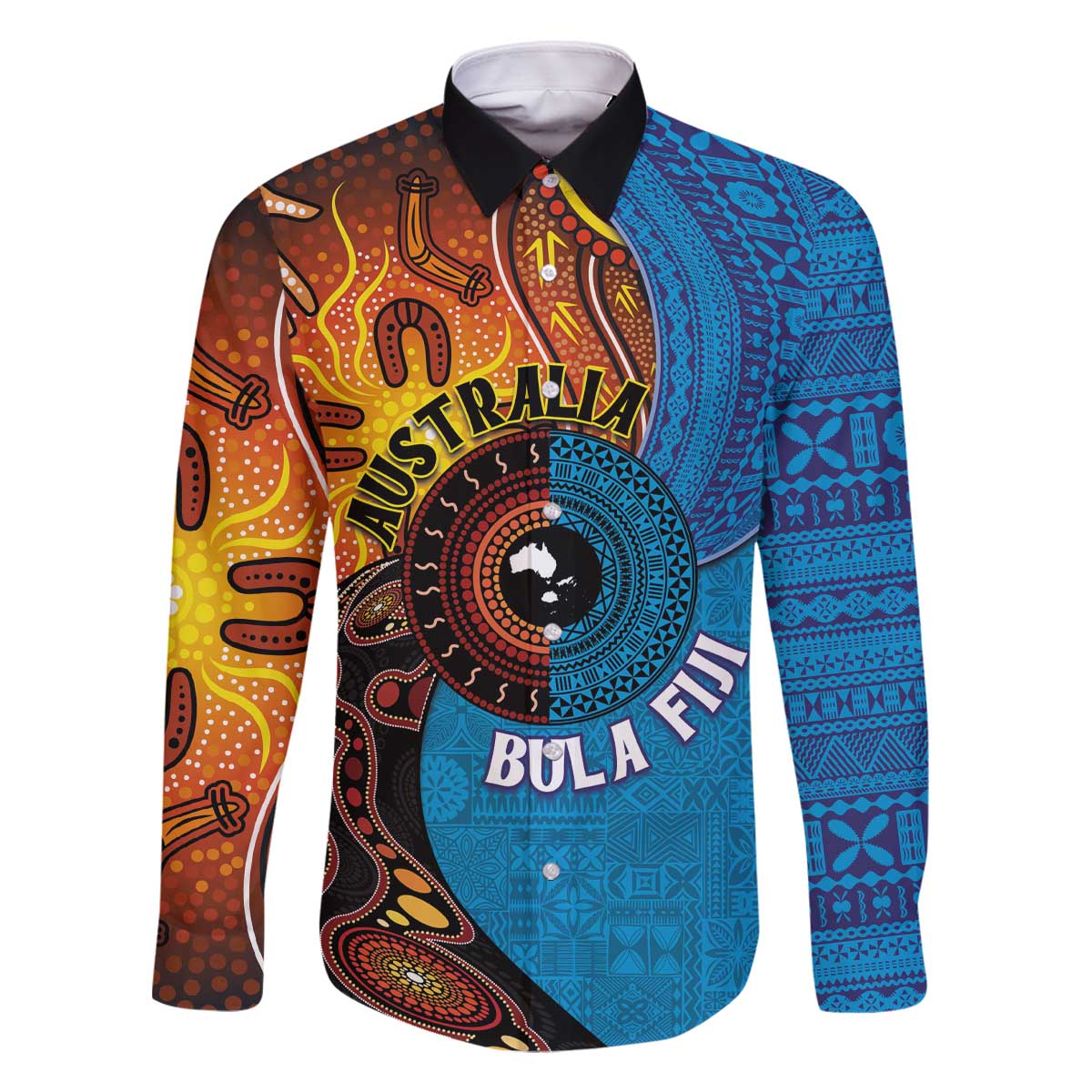 Fiji and Australia Together Family Matching Off The Shoulder Long Sleeve Dress and Hawaiian Shirt Tapa Tribal Tattoo mix Aboriginal Pattern LT03 Dad's Shirt - Long Sleeve Black - Polynesian Pride
