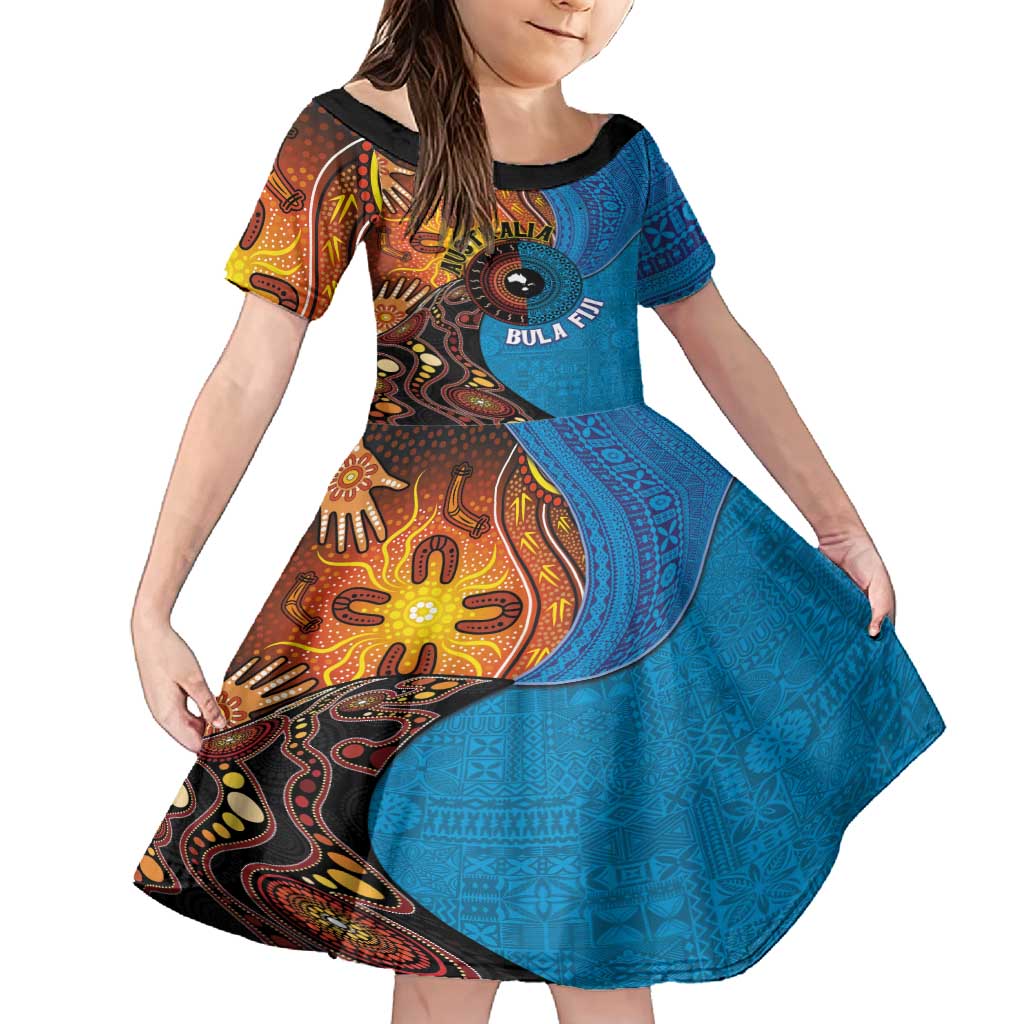 Fiji and Australia Together Family Matching Off Shoulder Maxi Dress and Hawaiian Shirt Tapa Tribal Tattoo mix Aboriginal Pattern LT03 Daughter's Dress Black - Polynesian Pride