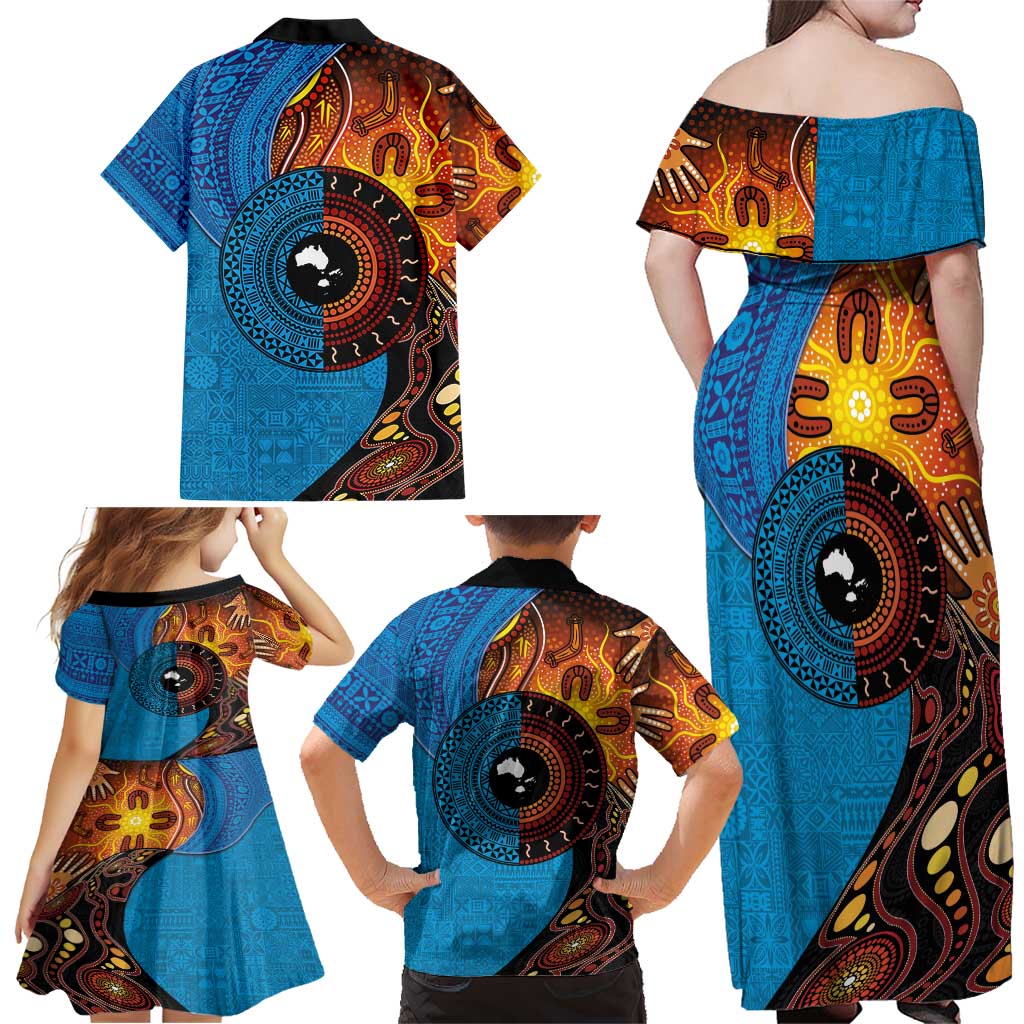 Fiji and Australia Together Family Matching Off Shoulder Maxi Dress and Hawaiian Shirt Tapa Tribal Tattoo mix Aboriginal Pattern LT03 - Polynesian Pride