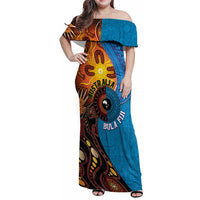 Fiji and Australia Together Family Matching Off Shoulder Maxi Dress and Hawaiian Shirt Tapa Tribal Tattoo mix Aboriginal Pattern LT03 Mom's Dress Black - Polynesian Pride