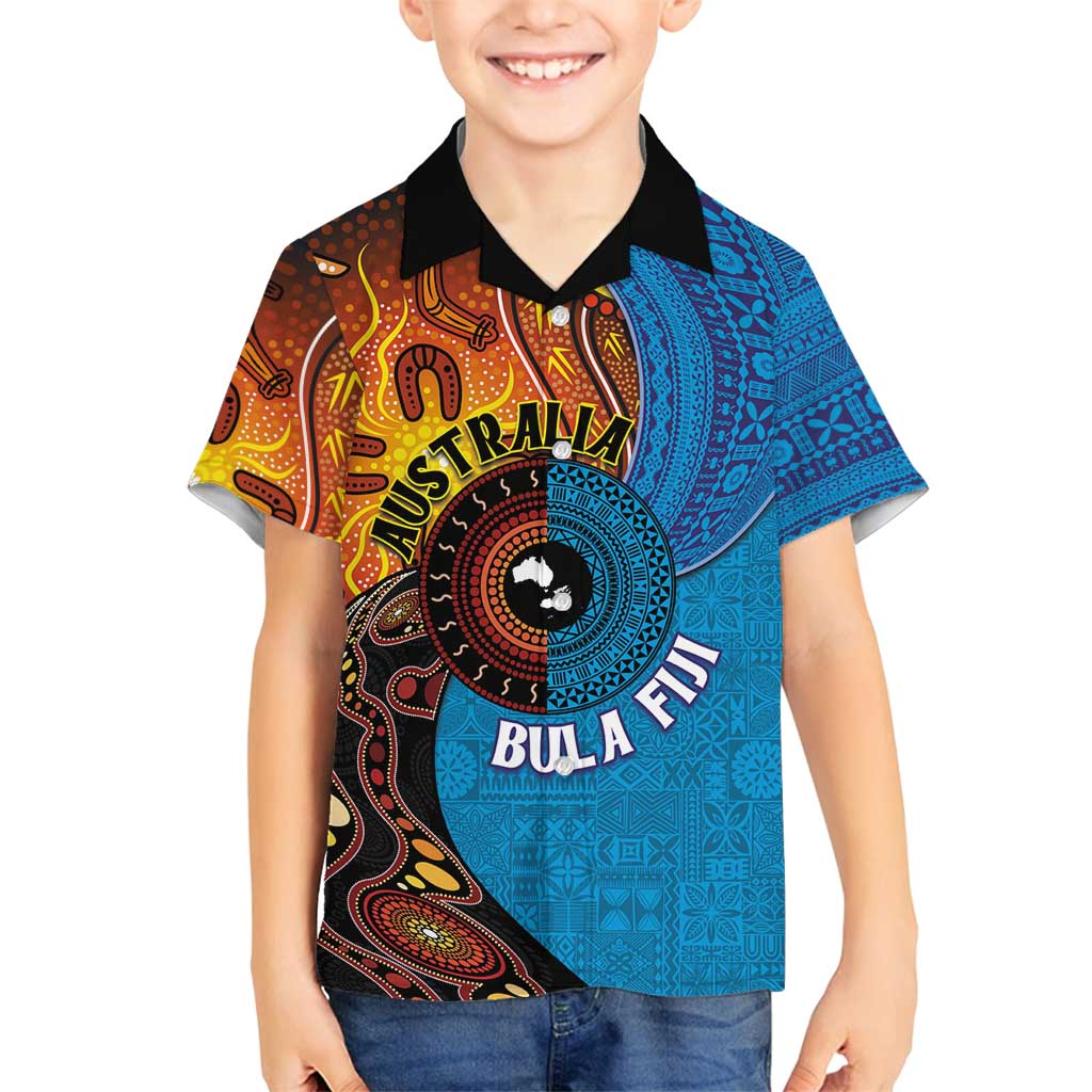 Fiji and Australia Together Family Matching Off Shoulder Maxi Dress and Hawaiian Shirt Tapa Tribal Tattoo mix Aboriginal Pattern LT03 Son's Shirt Black - Polynesian Pride